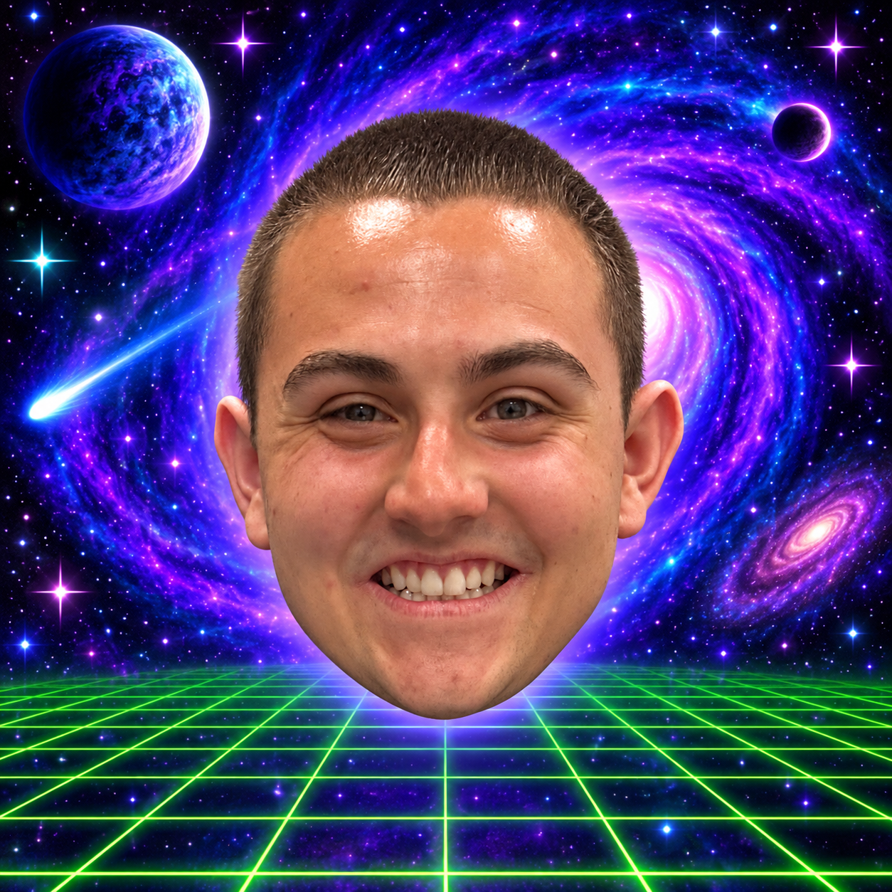 Josh's floating head in a purple cosmic vortex above a neon green grid